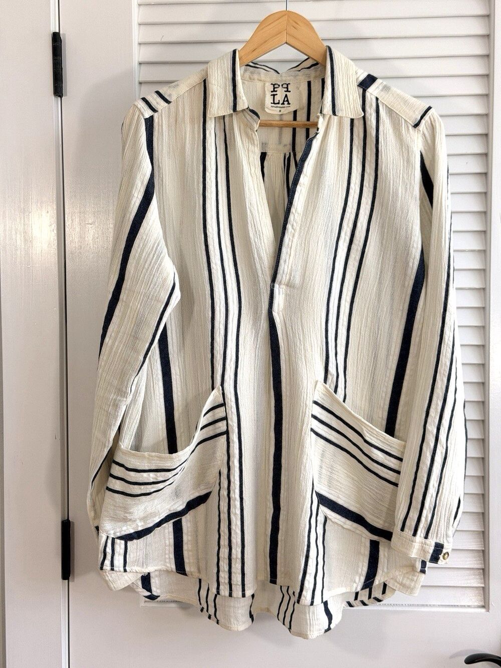 PPLA Corrine Tunic Small Ivory Navy Stripe 100% Cotton Oversized Boho Shirt